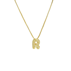 Mini CZ Initial Necklace with charms: R Initial & Necklace
