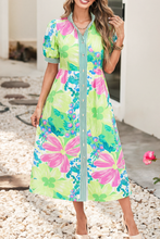 Load image into Gallery viewer, LDC Striped Trim Button Downv Floral Vacation Dress: Pink / S
