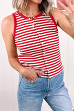 Load image into Gallery viewer, Striped Buttoned Ribbed Knit Tank Top: Red Stripe / S