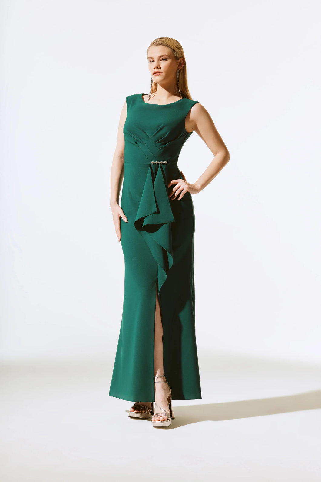 joseph ribkoff evening dresses Joseph Ribkoff Coastal Blue Pleated Satin Midi Dress Style 251903