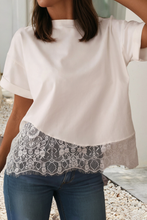 Load image into Gallery viewer, Asymmetric Lace Hem Patchwork Tee: White / S