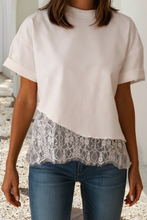 Load image into Gallery viewer, Asymmetric Lace Hem Patchwork Tee: White / S