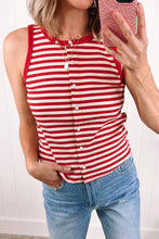 Load image into Gallery viewer, Striped Buttoned Ribbed Knit Tank Top: Red Stripe / L