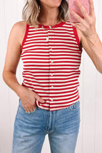 Load image into Gallery viewer, Striped Buttoned Ribbed Knit Tank Top: Red Stripe / XL