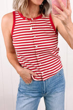 Load image into Gallery viewer, Striped Buttoned Ribbed Knit Tank Top: Red Stripe / XL