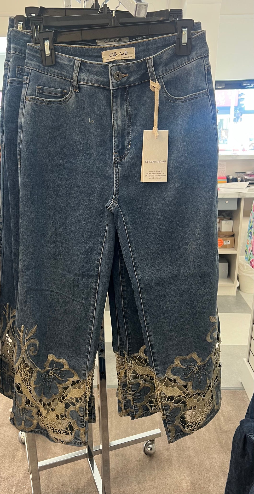 Charlie B Denim Lace Flare Pant