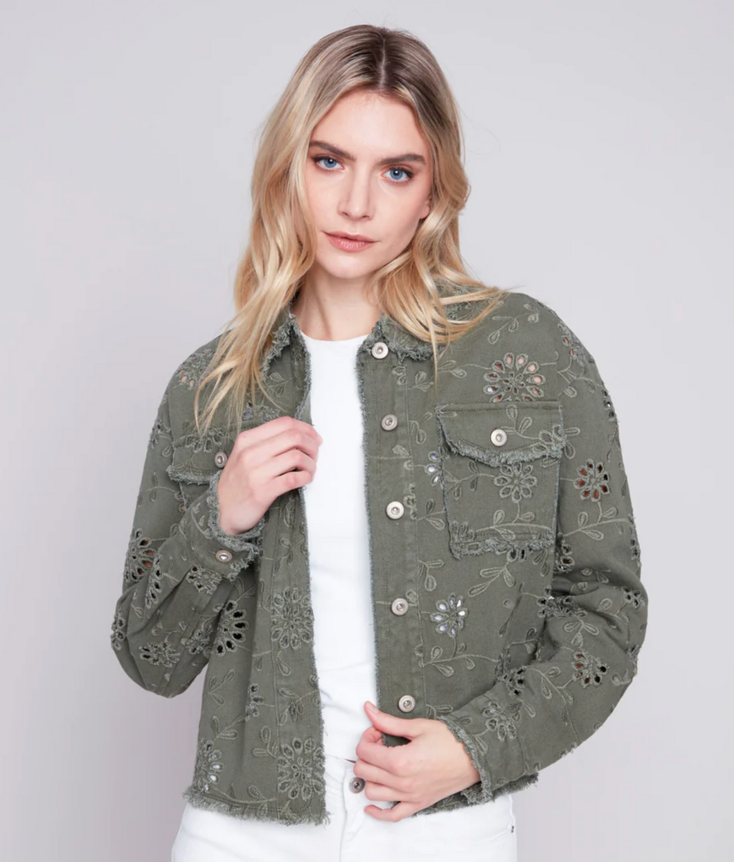 Charlie B Embroidered Eyelet Denim Jacket - Celadon