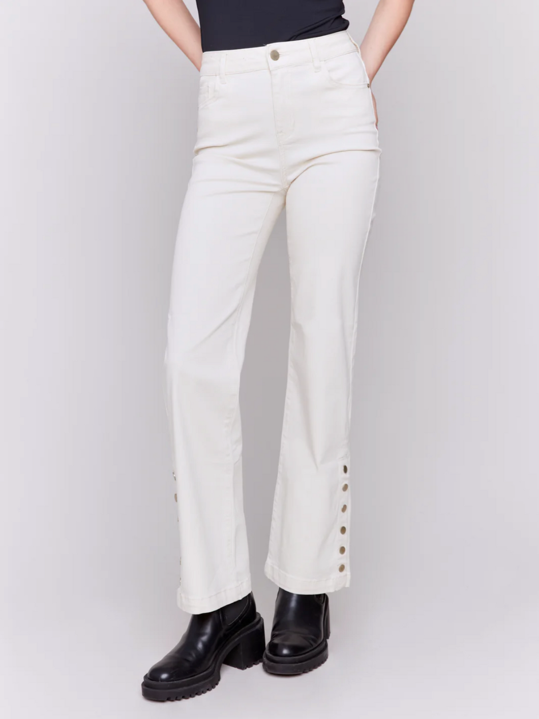 Charlie B Side Button Natural Flare Leg Pant