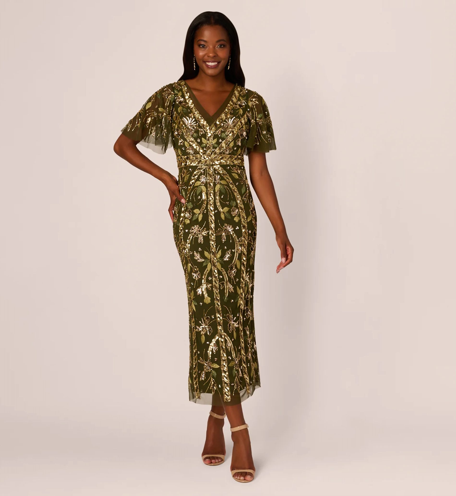 adrianna papell gold leaf dress Adrianna Papell Foil Asymmetric Gown main image 1