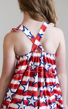 Load image into Gallery viewer, Stars &amp; Strips Ruffle Cross Back Dress