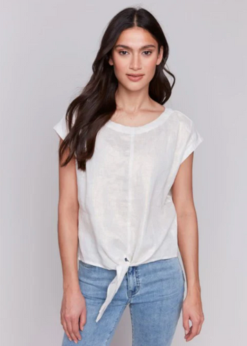 Charlie B Cap Sleeve Round Neck Front Tie Top