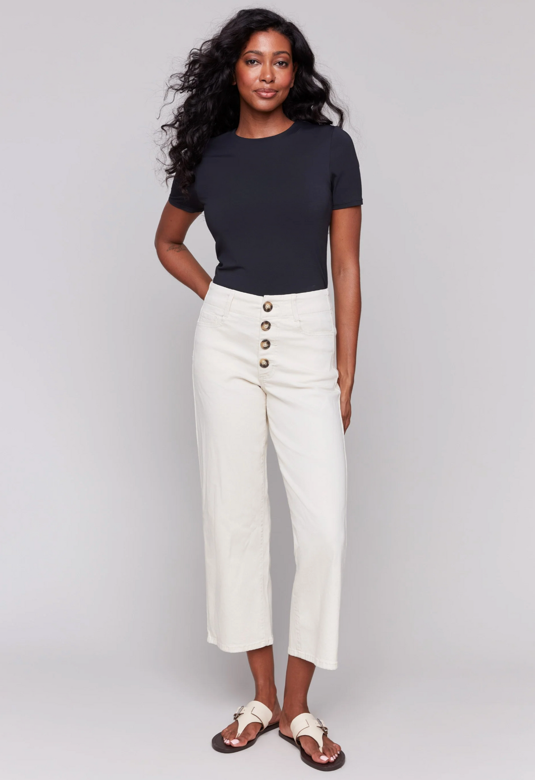 Charlie B Front Button-Fly Crop Twill Pants - Natural