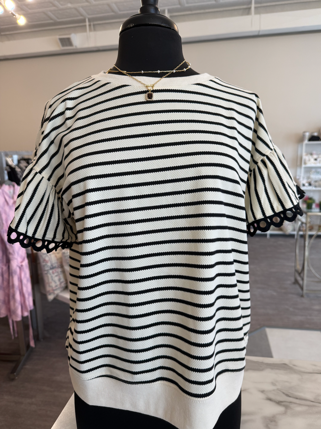 Black/Ivory Striped Puff Sleeve Sweater