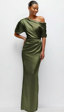Load image into Gallery viewer, Asymmetrical Off-the-Shoulder Pleated Satin Dress
