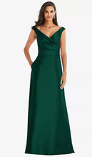 Load image into Gallery viewer, Off-the-Shoulder Draped Wrap Satin Maxi Dress Hunter Green