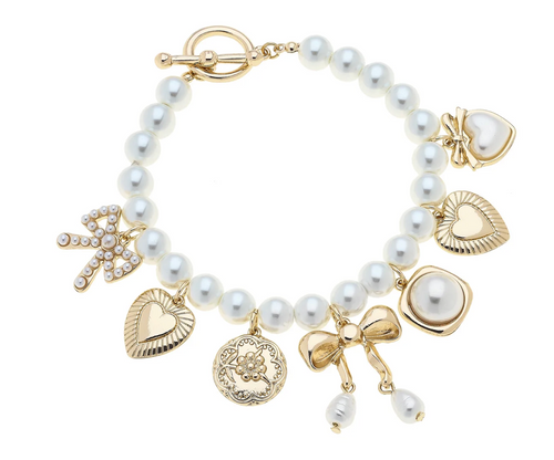 Antoinette Pearl Beaded Multi Charm Toggle Bracelet in Ivory