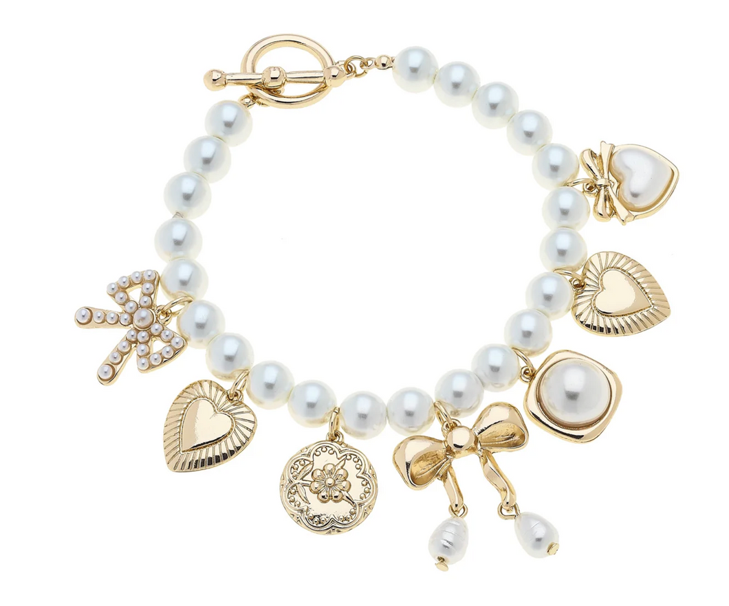 Antoinette Pearl Beaded Multi Charm Toggle Bracelet in Ivory