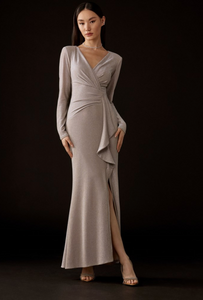 Joseph Ribkoff Sparkle Knit Long Sleeve Wrap Gown