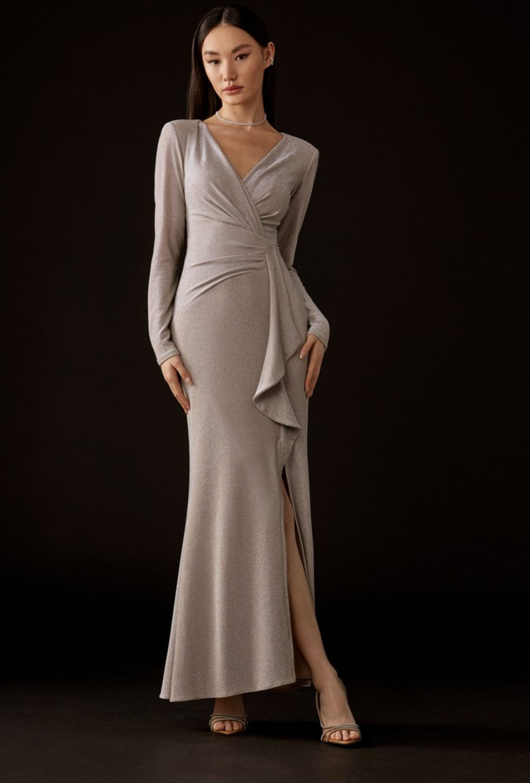 joseph ribkoff long evening dresses Joseph Ribkoff Sparkle Knit Long Sleeve Wrap Gown