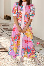Load image into Gallery viewer, Striped Trim Button Down Floral Vacation Dress: Pink / L