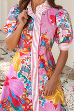Load image into Gallery viewer, Striped Trim Button Down Floral Vacation Dress: Pink / M