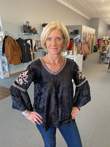 Black Baroque Embroidered Velvet Top