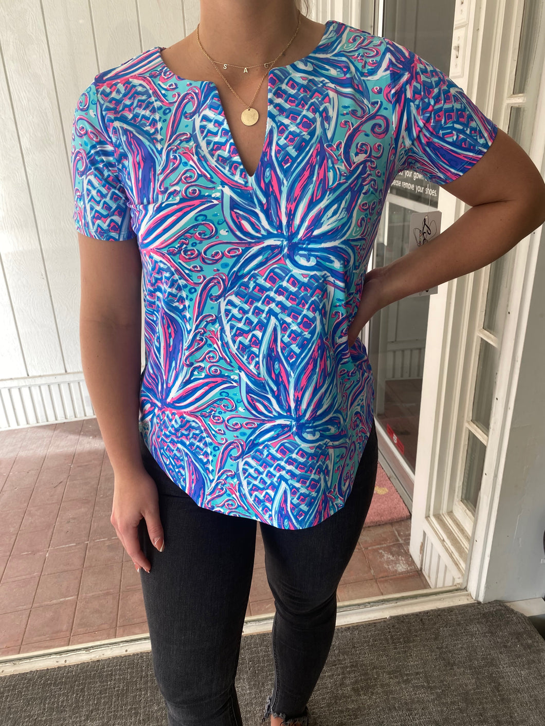 Lulu B Blue/Pink Keyhole Top