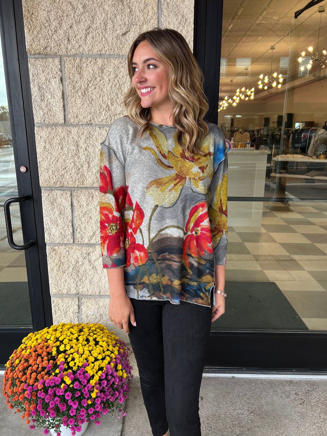 3/4 Sleeve Multi-Print High-Low Top