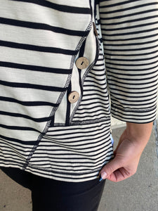 Striped Button Slub Knit Top Black