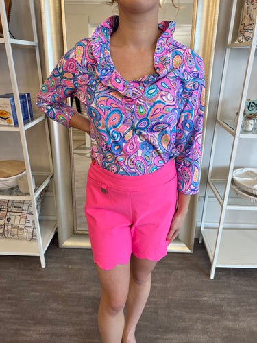 Lulu-B Paisley Ruffled Neck 3/4 Sleeve Top