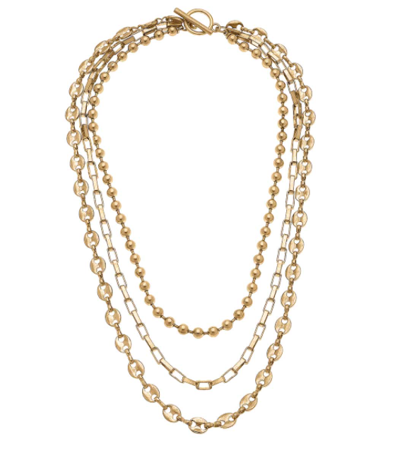 Elliot Layered Mixed Media Chain Necklace - Worn Gold