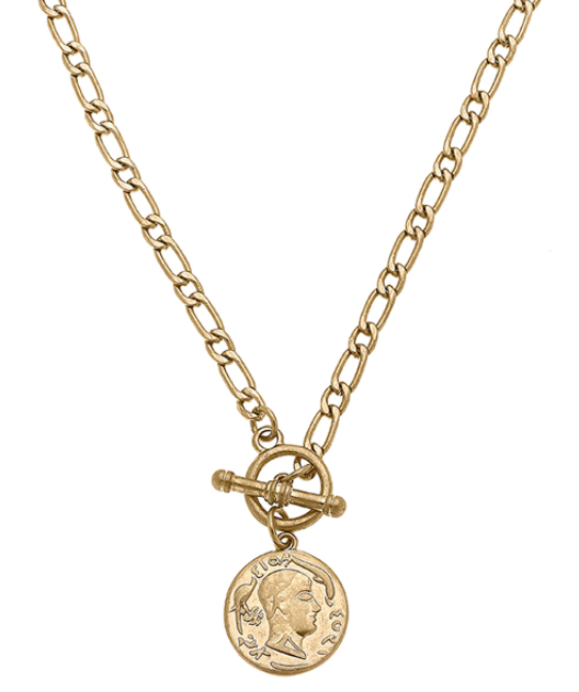 Ezra Coin T-Bar Necklace - Worn Gold
