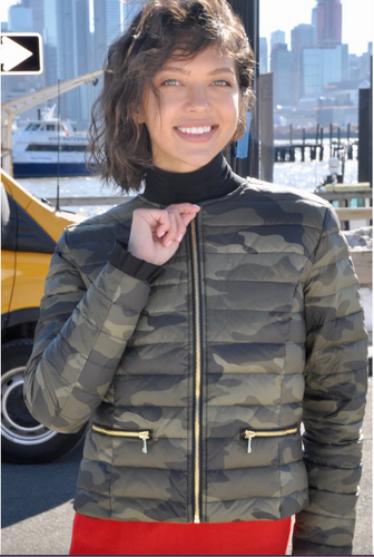Camo Puffer Jacket Ruffle Back and Sleeves