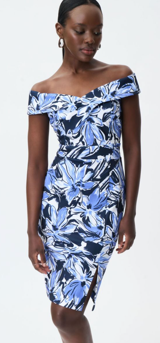 Joseph Ribkoff Blue/Vanilla Floral Dress Modern Dress Joseph Ribkoff Blue/Vanilla Floral Dress Modern Dress